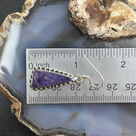 Sterling Silver Southwestern Style Triangle Charoite Dangle Earrings For Women - Picture 10 of 10